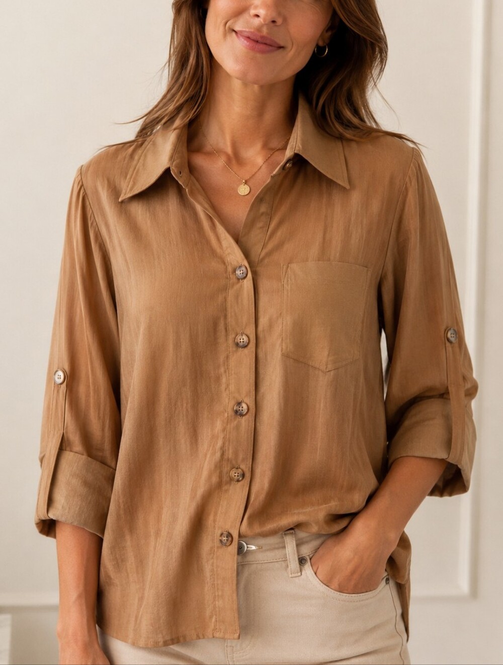 💙 Conrad C -  Tan Button-Front Shirt